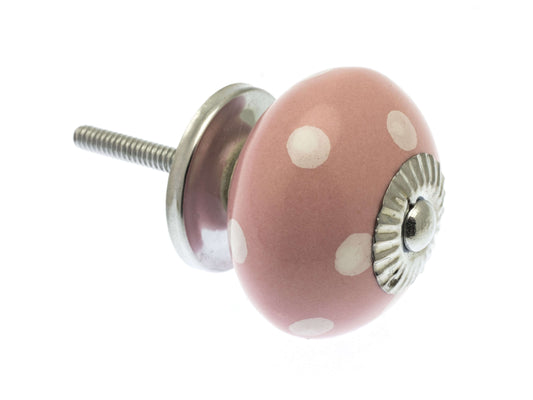 Ceramic Cupboard Knob Dusty Pink with White Dots