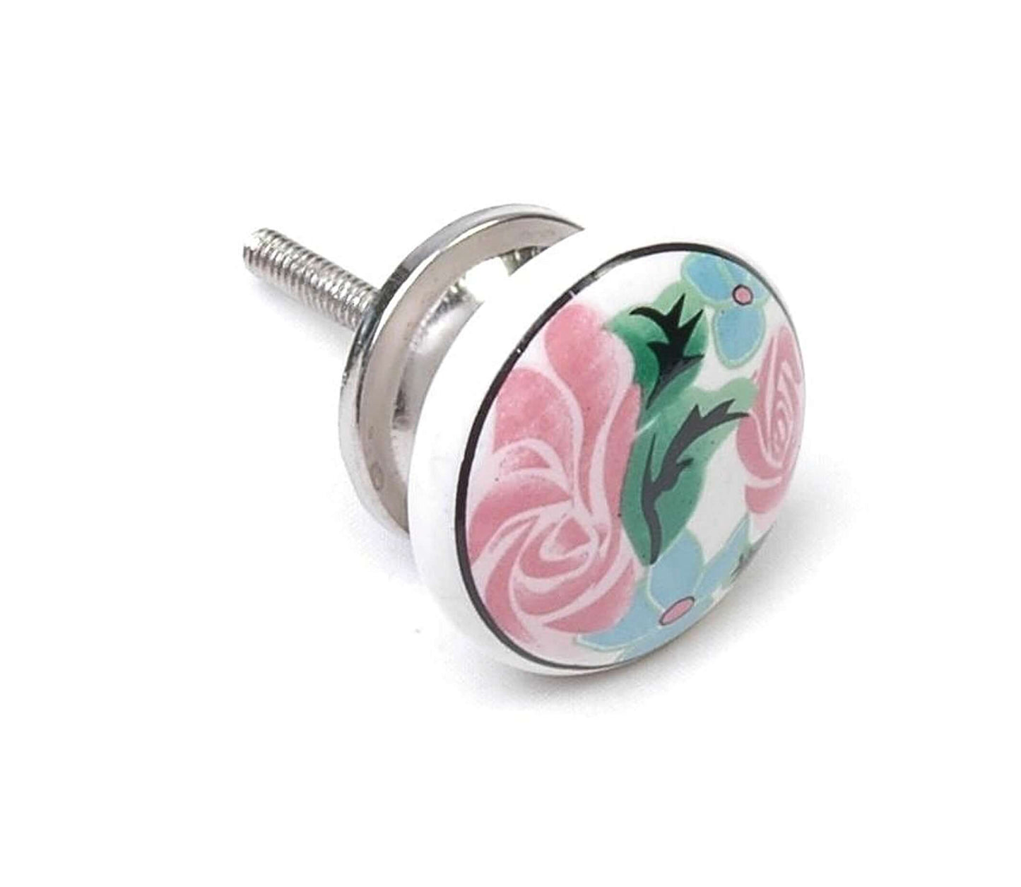 Bouton de porte de placard en céramique avec imprimé de fleurs roses et bleues 38 mm