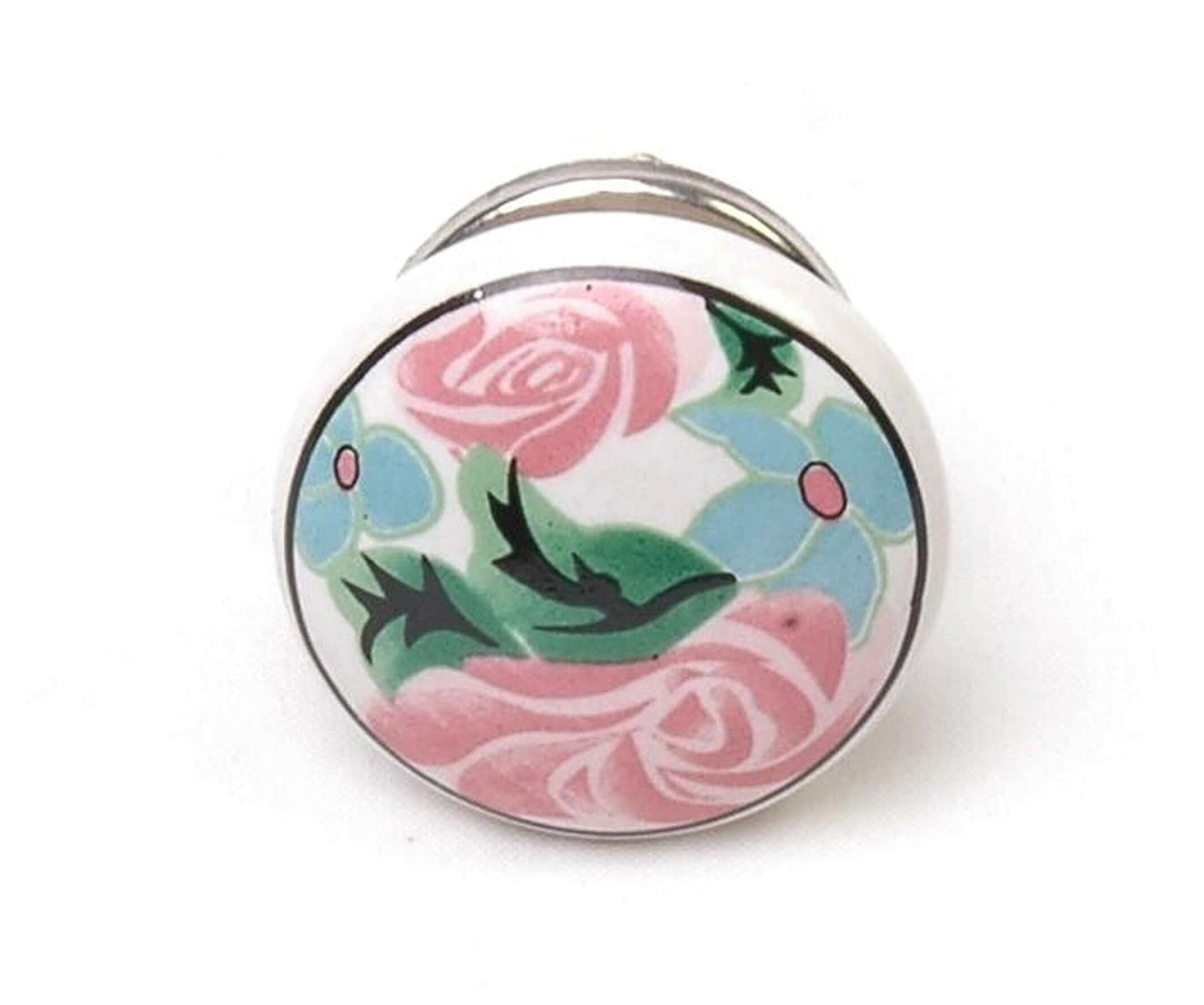 Ceramic Cupboard Door Knob with Pink and Blue Flower Print 38mm