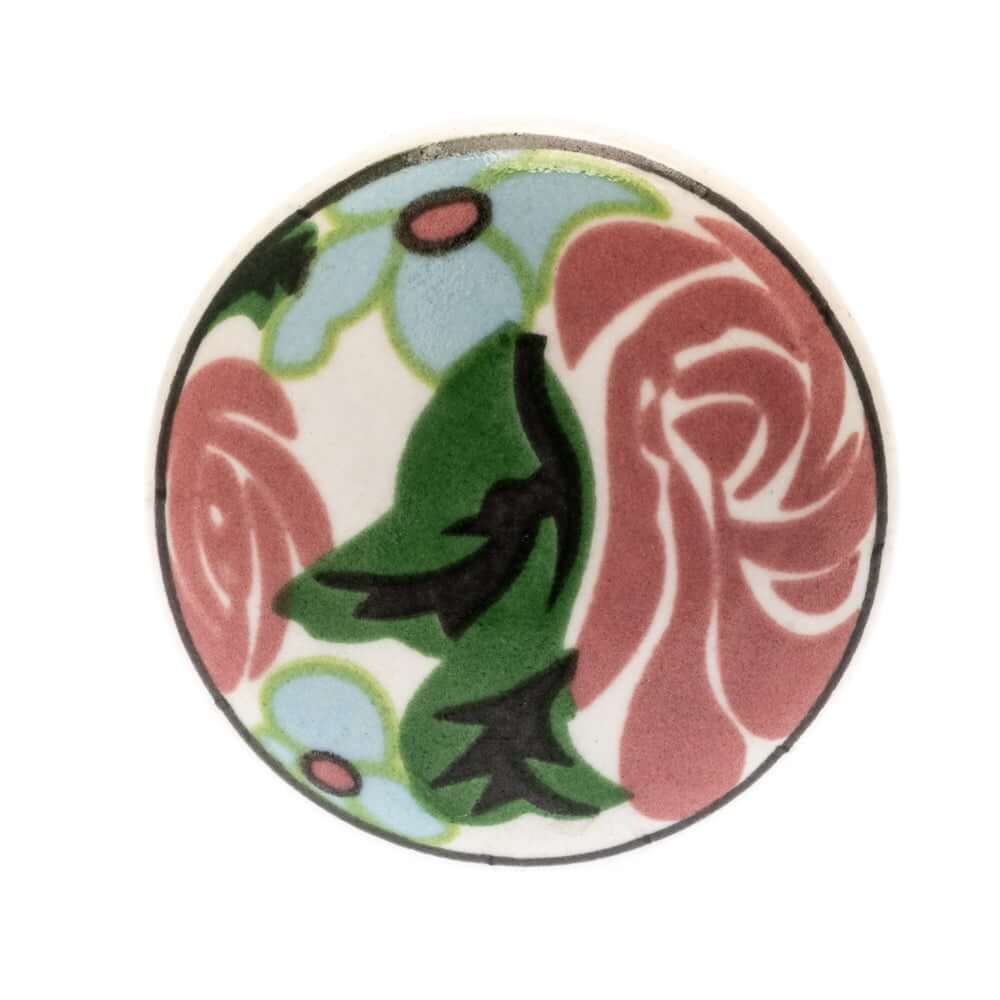 Ceramic Cupboard Door Knob with Pink and Blue Flower Print 38mm