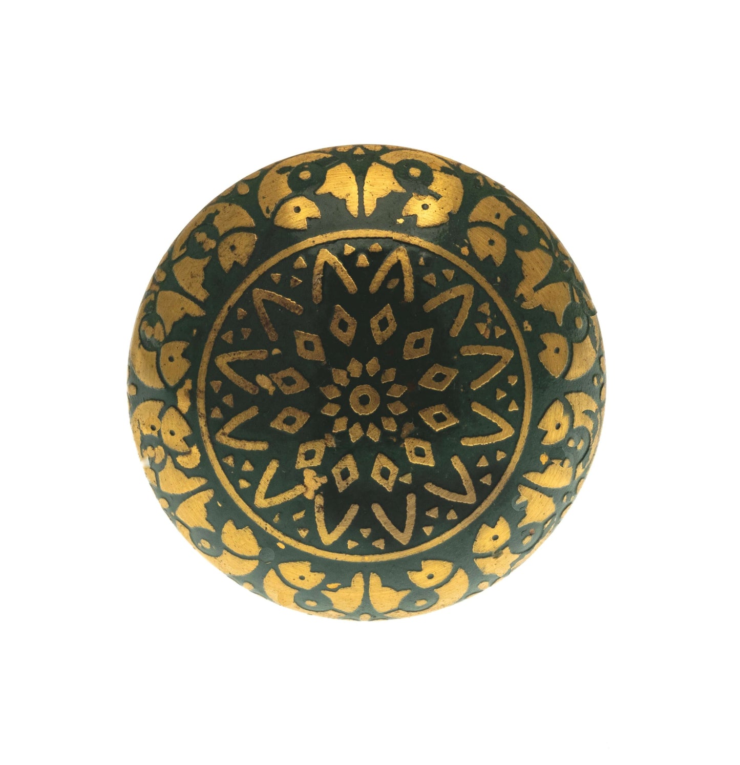 Etched Patterned Brass Dome Moroccan Style Knob for Cupboards in Green and Gold