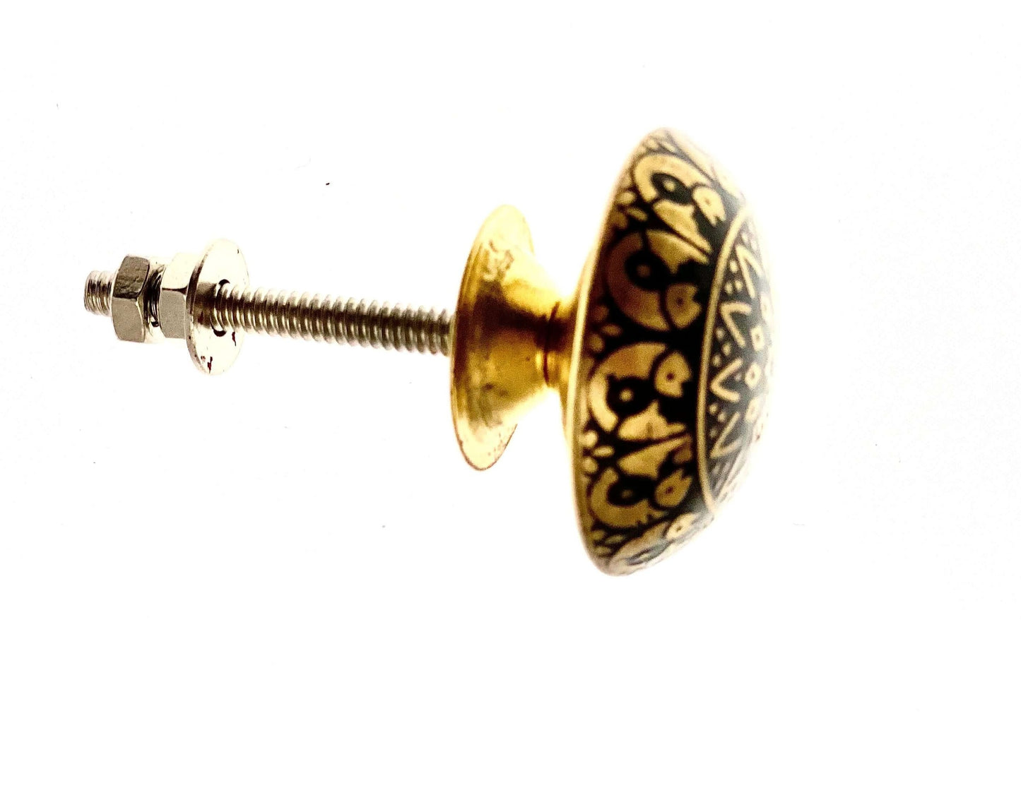 Etched Patterned Brass Dome Moroccan Style Knob for Cupboards in Black and Gold