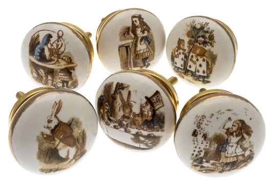 Boutons de porte en céramique exclusifs Alice au pays des merveilles en couleur avec contour doré (Ensemble de 6)