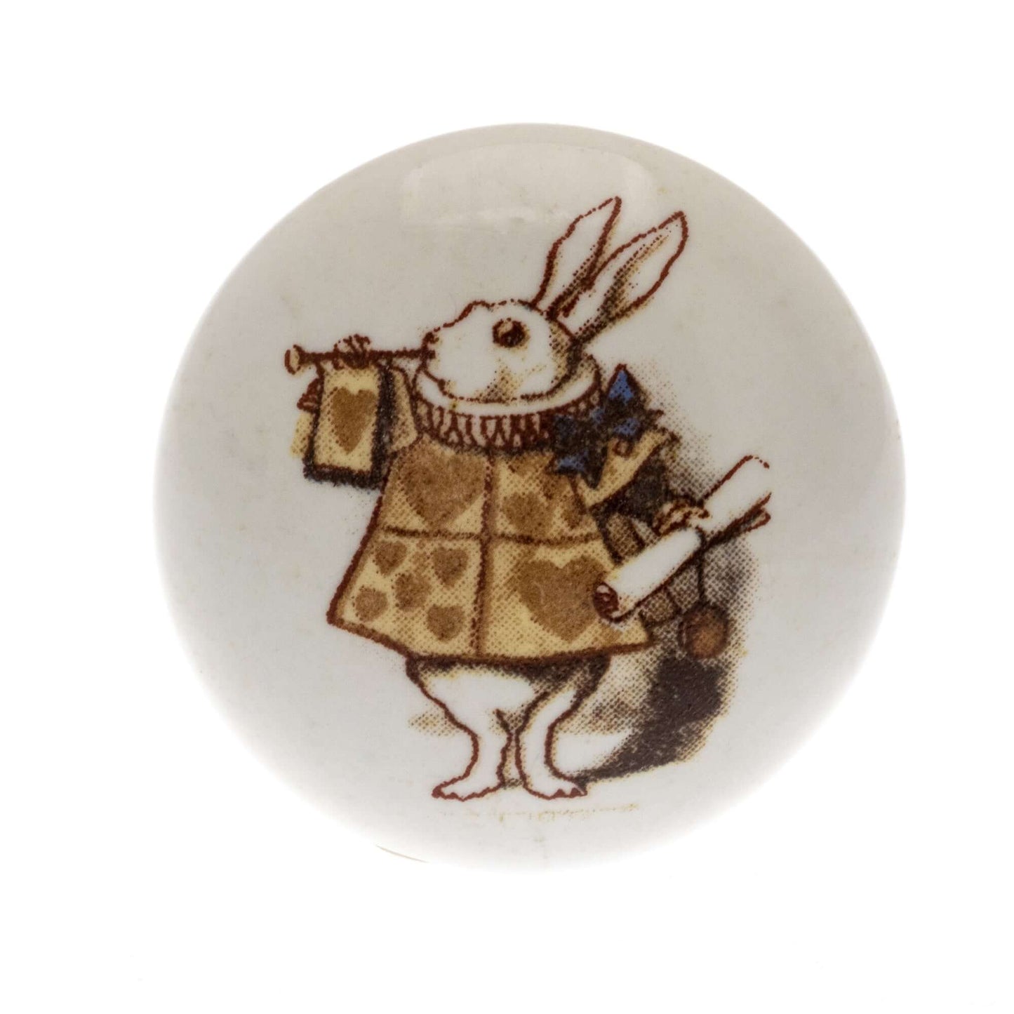 Ceramic Cupboard Knob Alice in Colour 'The Herald' Rabbit on White