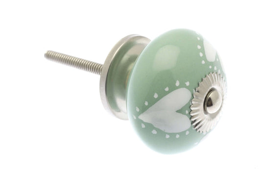 Ceramic Cupboard Knobs - 3 White Hearts On Eau De Nil 40mm Round Ceramic Cupboard Knob - Chrome Base & Fixings (EF-01-WEU)