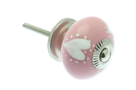 Ceramic Cupboard Knobs - 3 White Hearts On Pink 40mm Round Ceramic Cupboard Knob - Chrome Base & Fixings (EF-01-WPK)