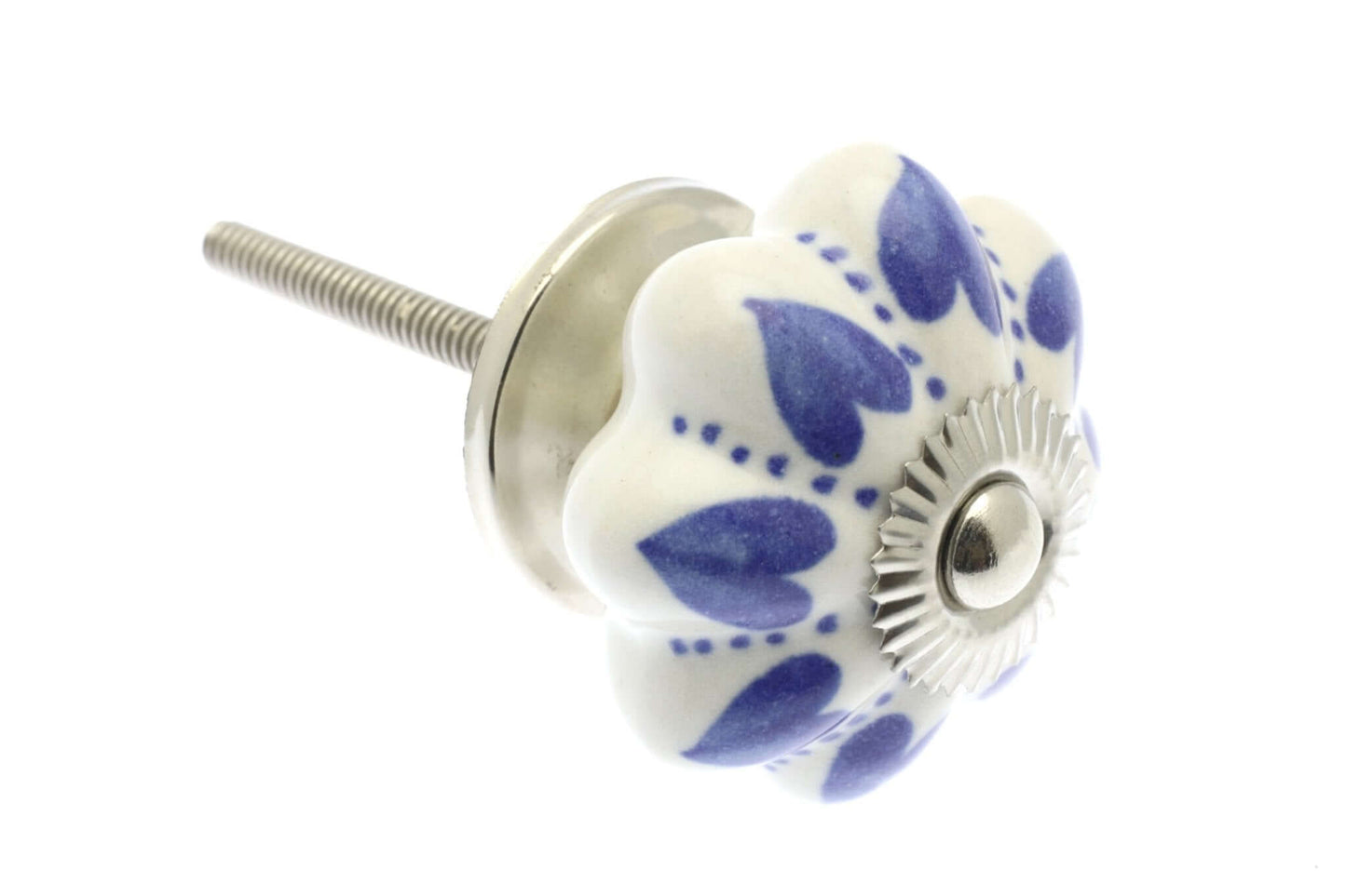 Ceramic Cupboard Knobs - Blue Hearts And Dots On White 42mm Fan Shaped Ceramic Cupboard Knob - Chrome Base & Fixings (EF-03-BEW)