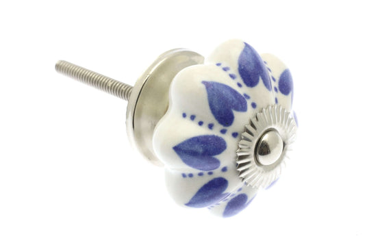 Ceramic Cupboard Knobs - Blue Hearts And Dots On White 42mm Fan Shaped Ceramic Cupboard Knob - Chrome Base & Fixings (EF-03-BEW)