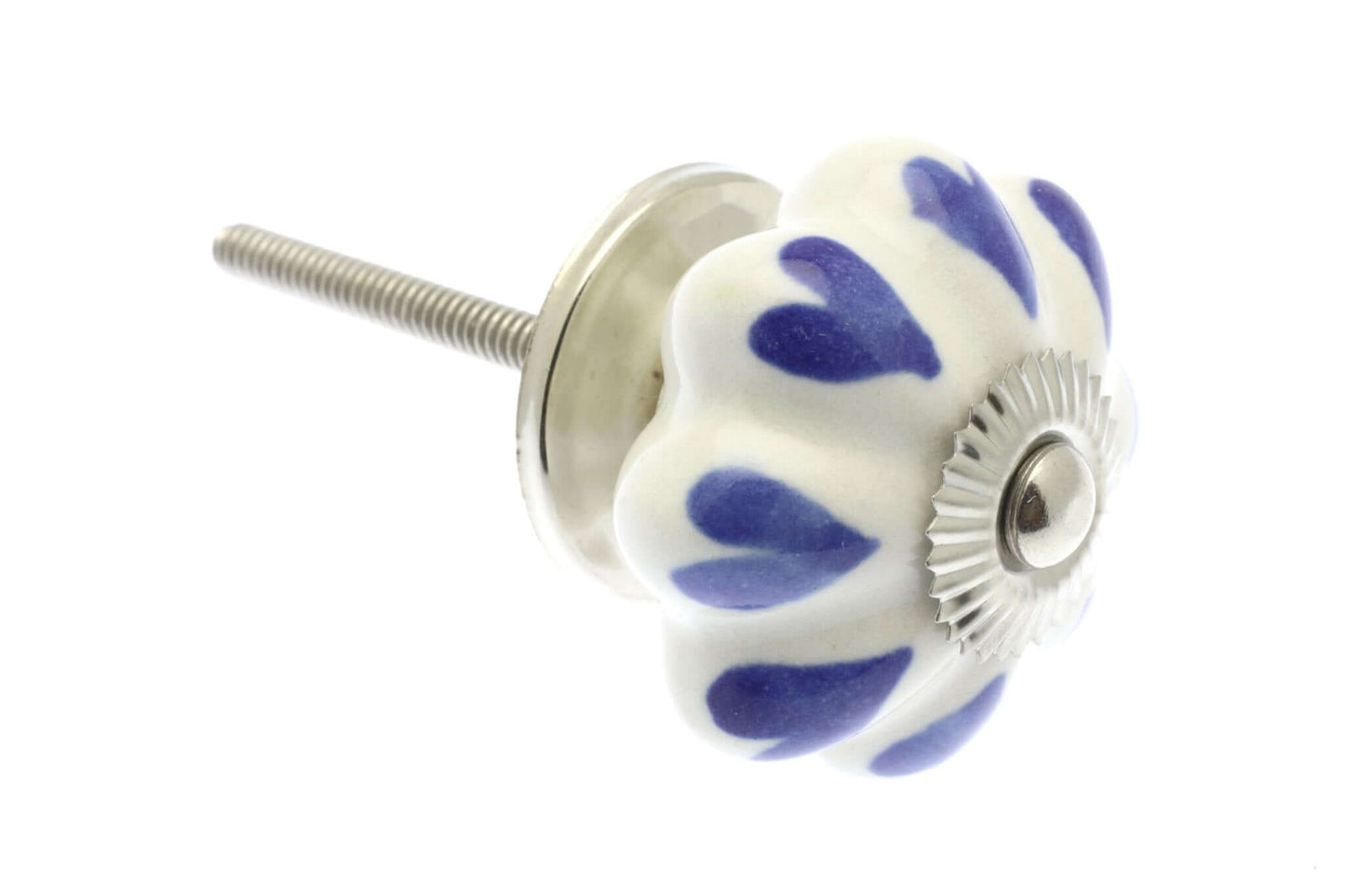 Ceramic Cupboard Knobs - Blue Hearts On White 42mm Fan Shaped Ceramic Cupboard Knob - Polished Chrome Base & Fixings (EF-06-BEW)