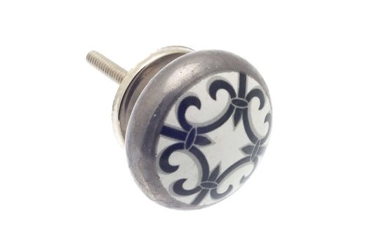 Ceramic Cupboard Knobs - Ceramic Knob Antique Silver With Black Fleur De Lys 38mm (MT-32)