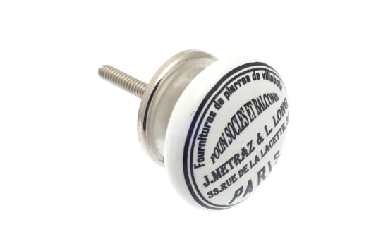 Ceramic Cupboard Knobs - Ceramic Knob 'J. Metraz' Black On White 38mm (MT-377)