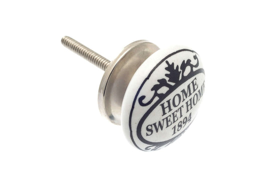 Ceramic Cupboard Knobs - Ceramic Knob White 'Home Sweet Home' In Black 38mm (MT-352)