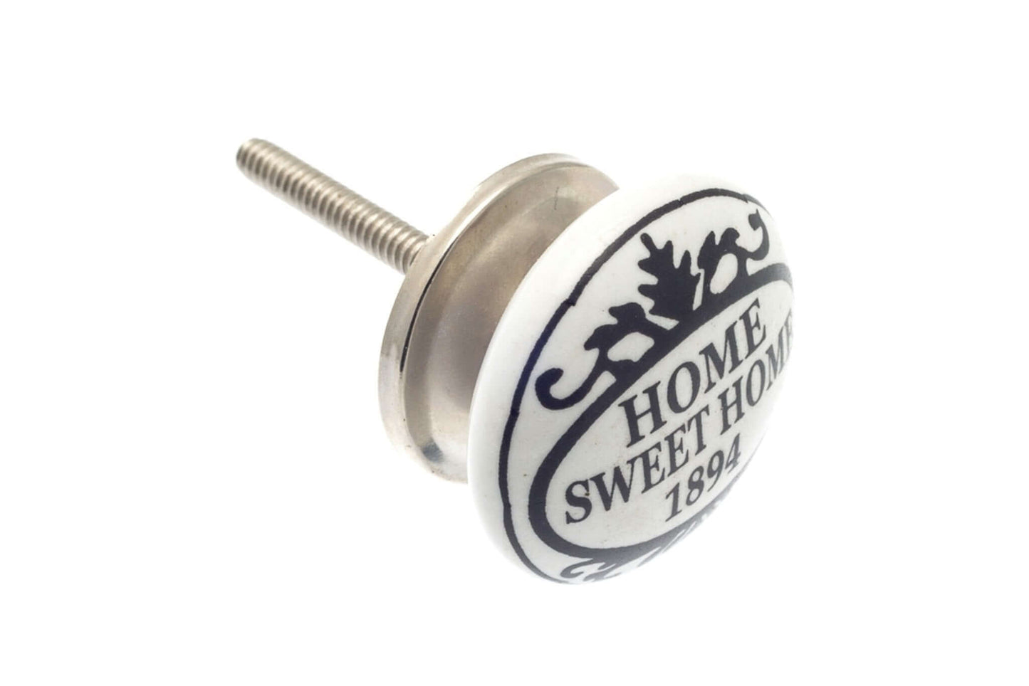 Ceramic Cupboard Knobs - Ceramic Knob White 'Home Sweet Home' In Black 38mm (MT-352)