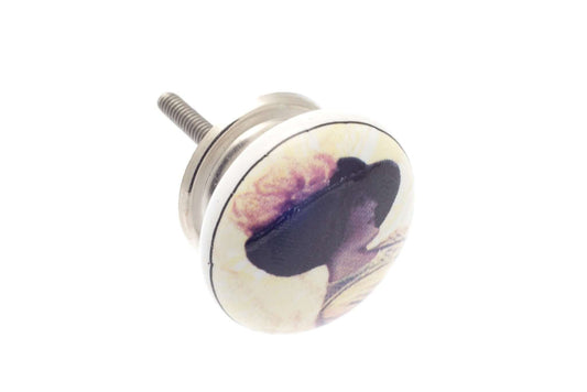 Ceramic Cupboard Knobs - Ceramic Knob White With Painted Ascot Lady 38mm (MT-28)