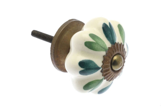 Ceramic Cupboard Knobs - Dark And Pale Green Hearts On Ivory 42mm Fan Shaped Ceramic Cupboard Knob - Antique Brass Base & Fixings (EF-06-GNI)