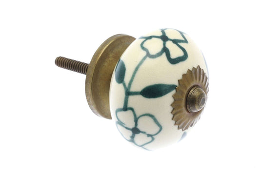 Ceramic Cupboard Knobs - Dark Green Floral Garland On Ivory 40mm Round Ceramic Cupboard Knob - Antique Brass Base & Fixings (EF-04-GNI)