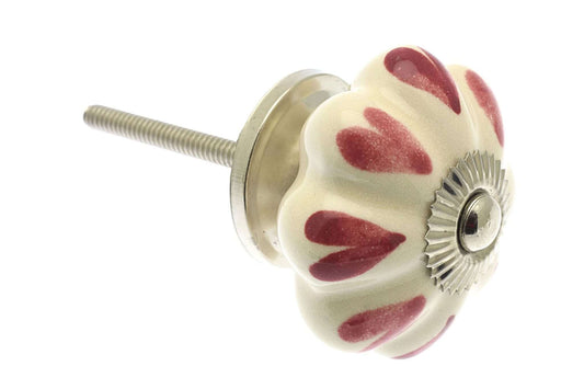 Ceramic Cupboard Knobs - Dark & Pale Pink Hearts On Ivory 42mm Fan Shaped Ceramic Cupboard Knob - Polished Chrome Base & Fixings (EF-06-PVX)