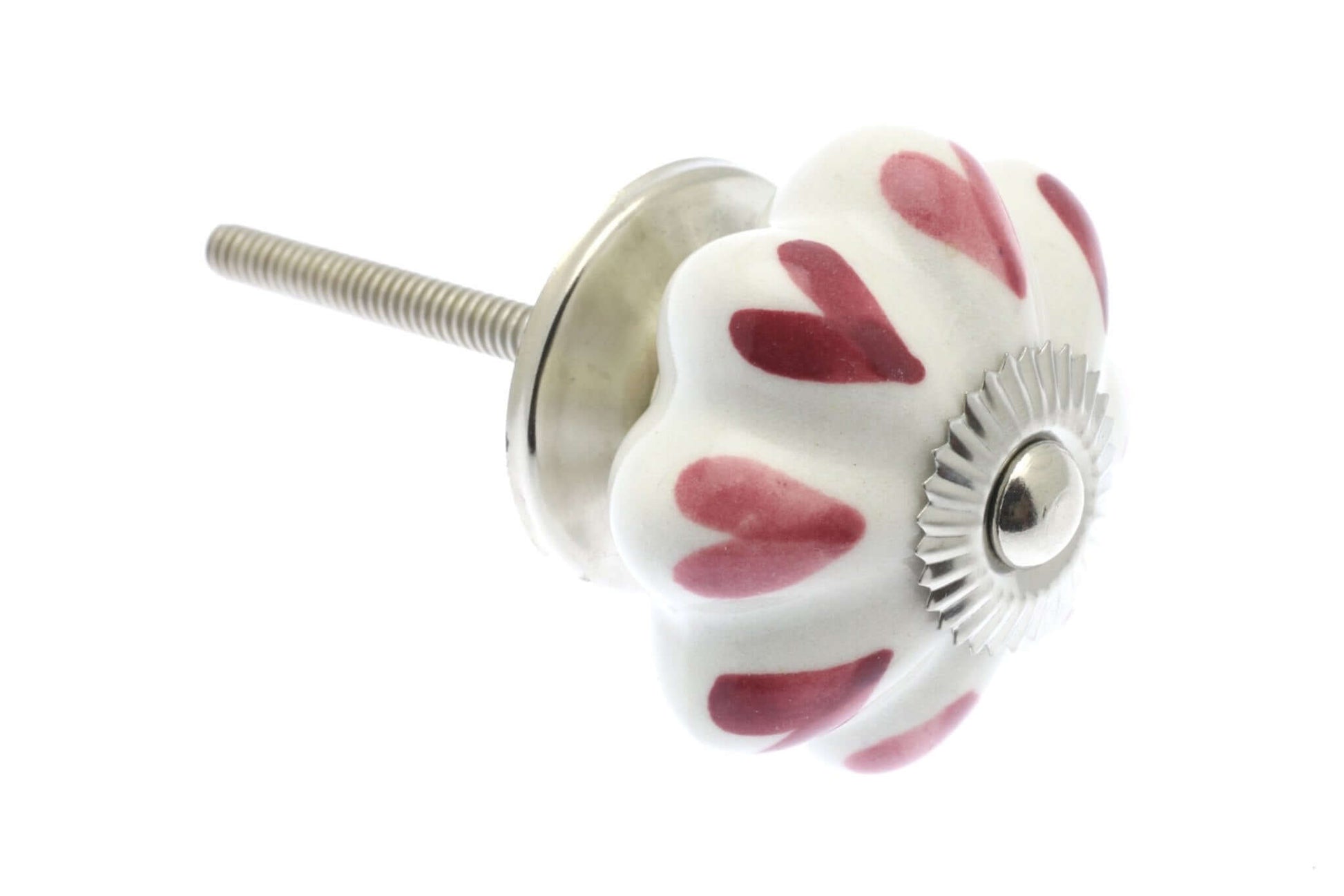 Ceramic Cupboard Knobs - Dark & Pale Pink Hearts On White 42mm Fan Shaped Ceramic Cupboard Knob - Polished Chrome Base & Fixings (EF-06-PKW)