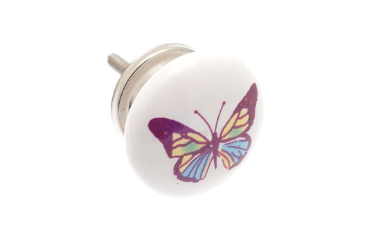 Ceramic Cupboard Knobs - Disc Shaped Ceramic Cupboard Knob 'Blue Butterfly' 38mm (MT-62)