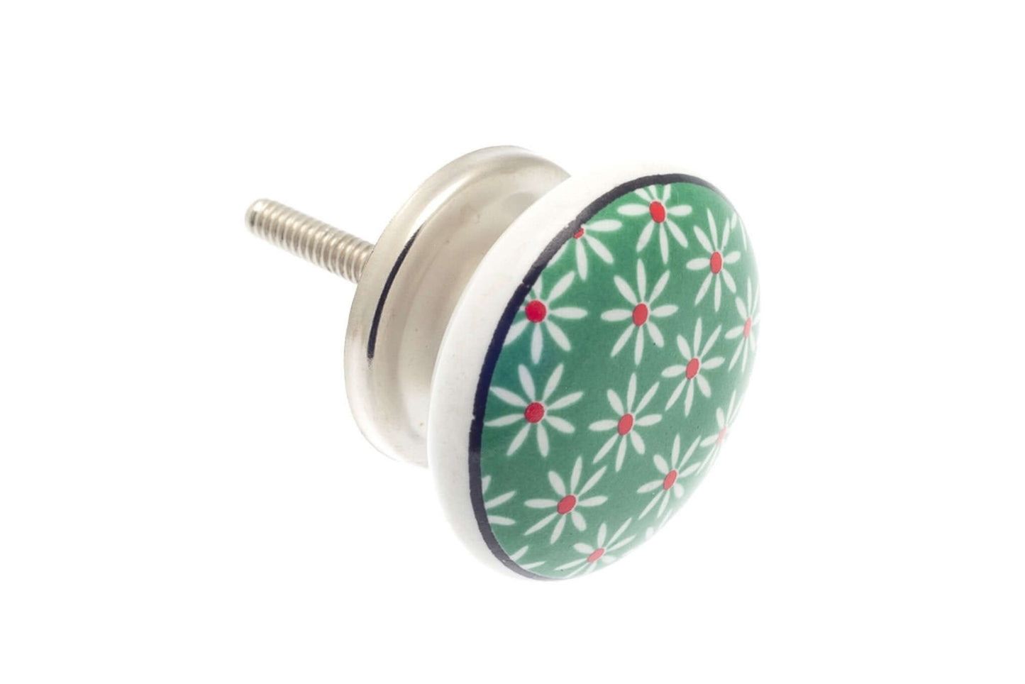 Ceramic Cupboard Knobs - Disc Shaped Ceramic Cupboard Knob Green Daisies 38mm (MT-67)