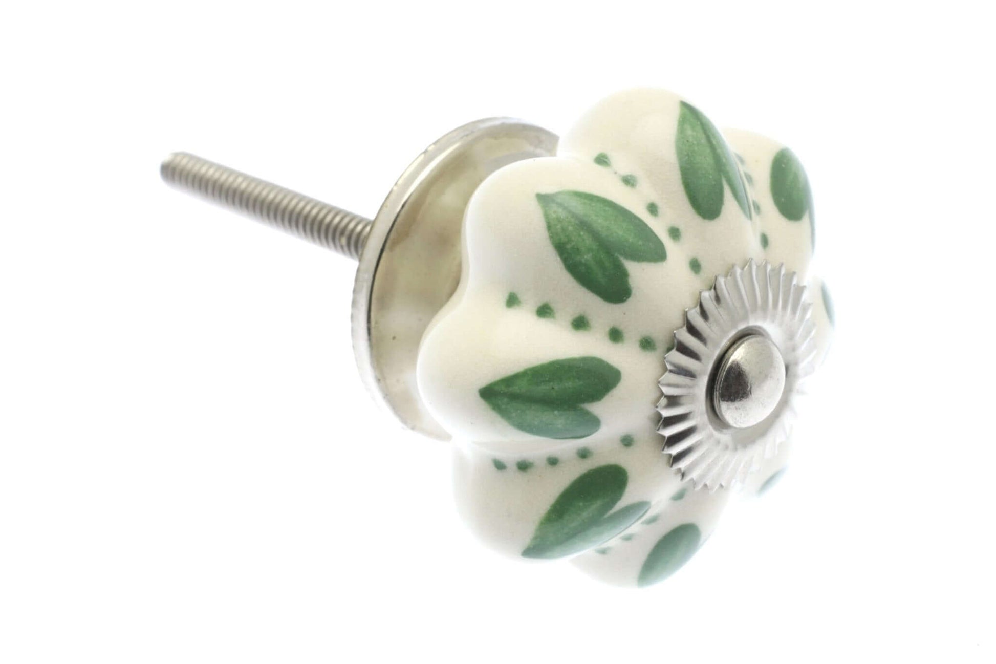Ceramic Cupboard Knobs - Eau De Nil Hearts And Dots On Ivory 42mm Fan Shaped Ceramic Cupboard Knob - Chrome Base & Fixings (EF-03-EIV)