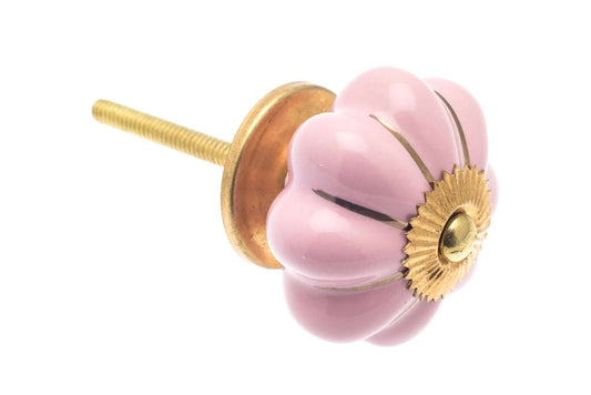 Ceramic Cupboard Knobs - Flower Ceramic Knob Pink Gold Lines 42mm (MT-167-GLD)