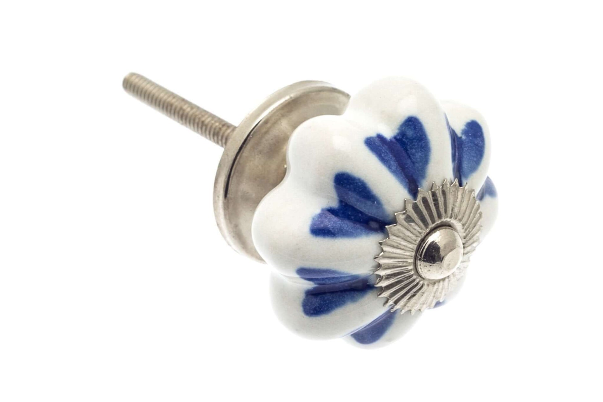 Ceramic Cupboard Knobs - Flower Ceramic Knob White With Blue Hearts 42mm (MT-334)
