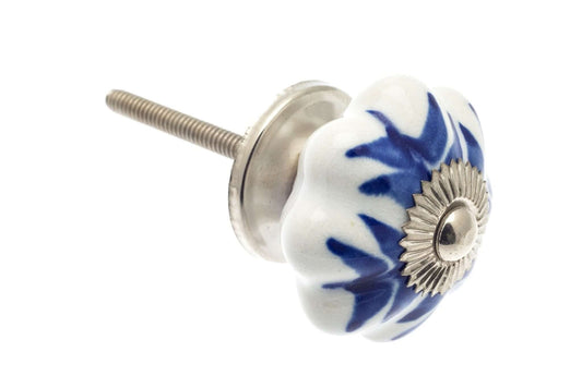 Ceramic Cupboard Knobs - Flower Ceramic Knob White With Blue Leaves 42mm (MT-241)
