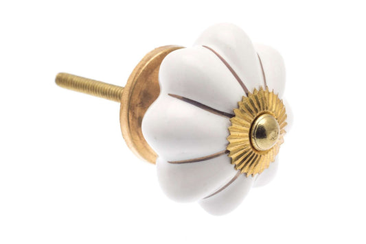 Ceramic Cupboard Knobs - Flower Ceramic Knob White With Gold Lines 42mm (MT-187-PB)