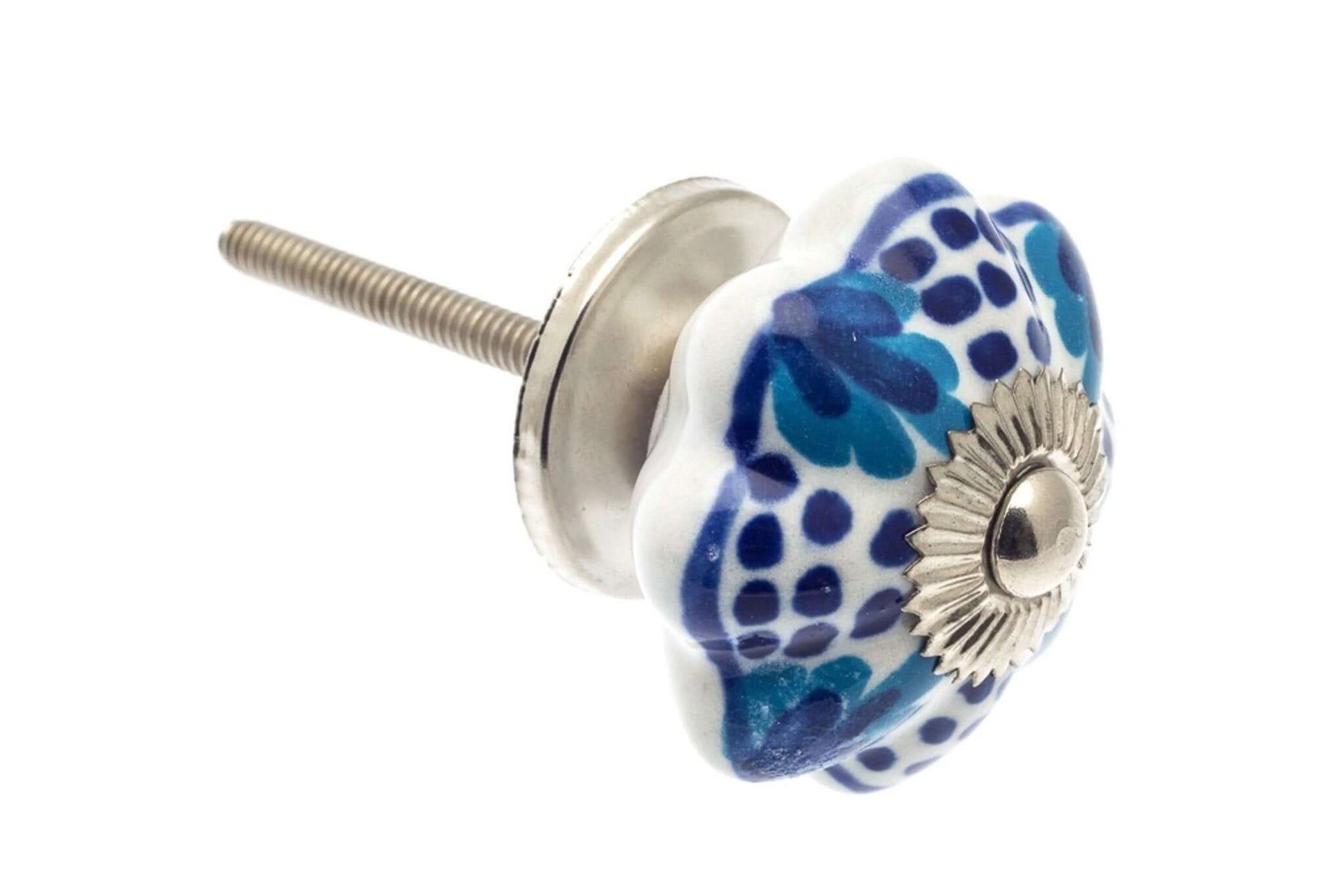 Ceramic Cupboard Knobs - Flower Ceramic Knob White With Turquoise & Blue Motifs 42mm (MT-248)