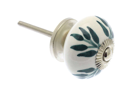 Ceramic Cupboard Knobs - Green Trailing Vine Leaves On White 40mm Round Ceramic Cupboard Knob - Polished Chrome Base & Fixings (EF-05-GNW)