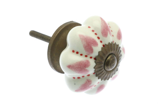 Ceramic Cupboard Knobs - Pink Hearts And Dots On Ivory 42mm Fan Shaped Ceramic Cupboard Knob - Antique Brass Base & Fixings (EF-03-PIV)