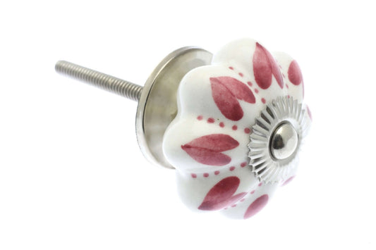 Ceramic Cupboard Knobs - Pink Hearts And Dots On White 42mm Fan Shaped Ceramic Cupboard Knob - Chrome Base & Fixings (EF-03-PKW)