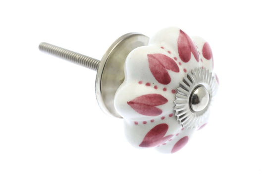 Ceramic Cupboard Knobs - Pink Hearts And Dots On White 42mm Fan Shaped Ceramic Cupboard Knob - Chrome Base & Fixings (EF-03-PKW)
