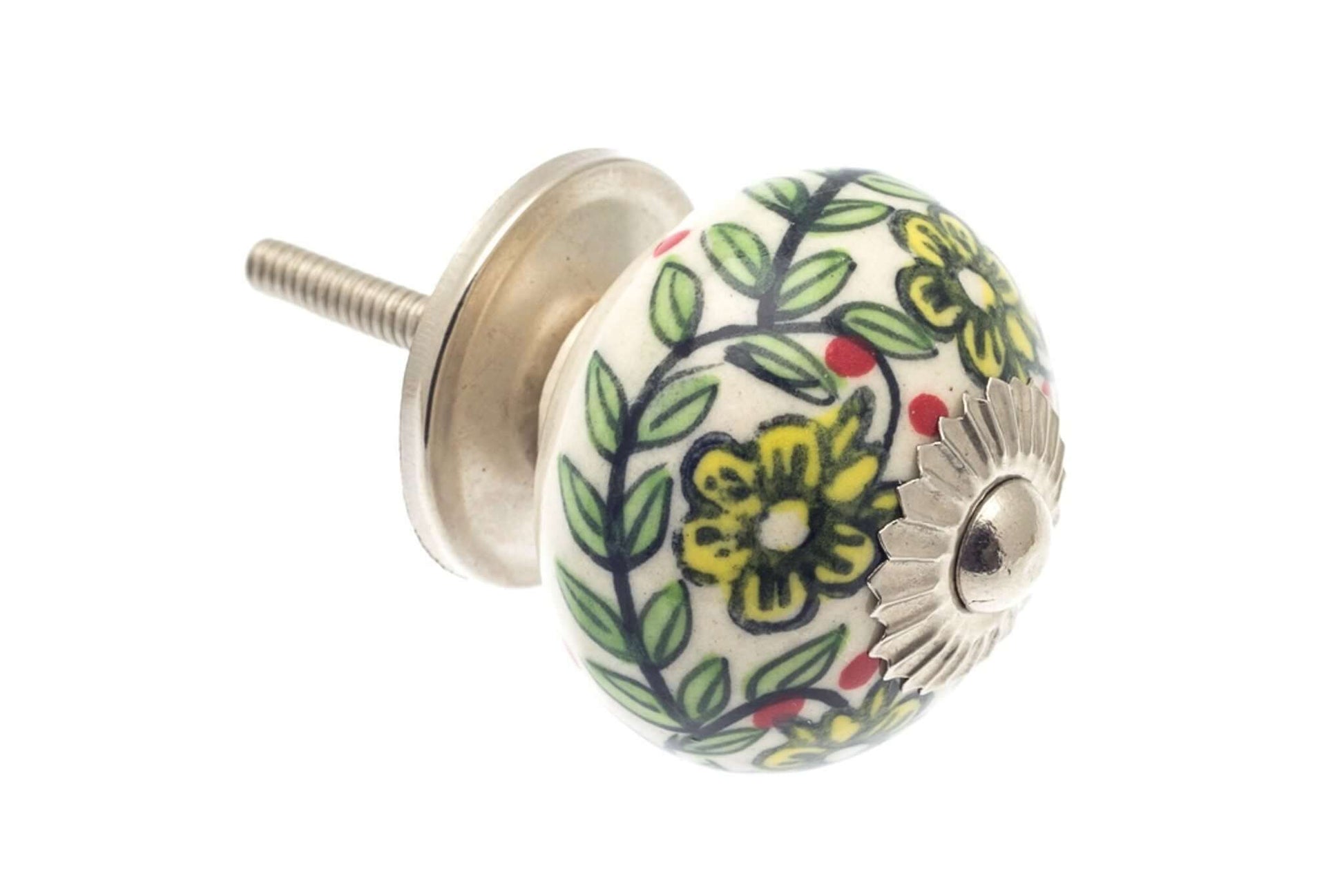 Ceramic Cupboard Knobs - Round Ceramic Cupboard Knob Green & White 'Spring Garden' 40mm (MT-78)