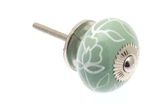 Ceramic Cupboard Knobs - Round Ceramic Knob Eau De Nil White Leaves 40mm (MT-21-EAU-WH)