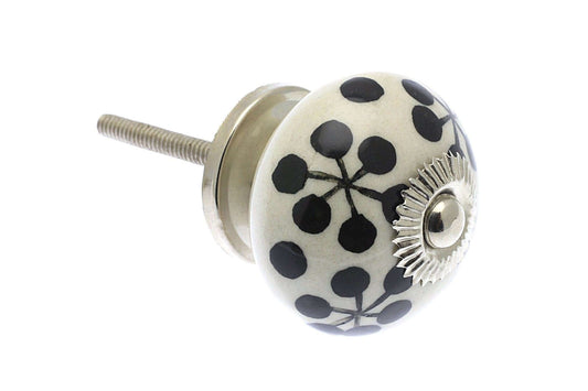 Ceramic Cupboard Knobs - Round Ceramic Knob Off White & Black Jacks 40mm (MT-18)