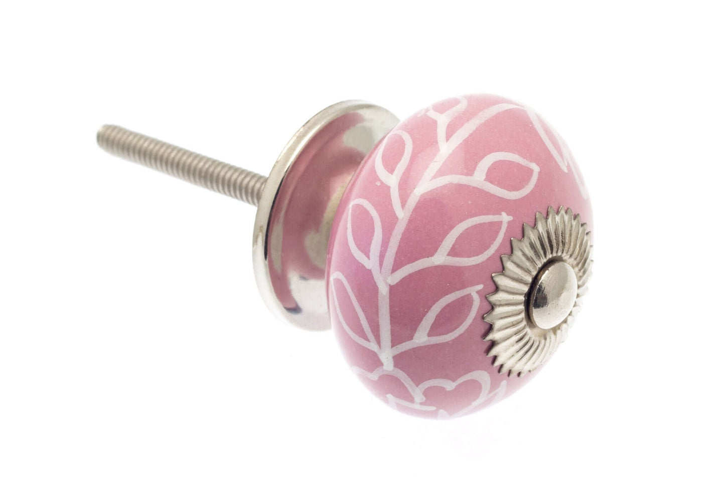 Ceramic Cupboard Knobs - Round Ceramic Knob Pink White Leaves 40mm (MT-21-PNK-WH)