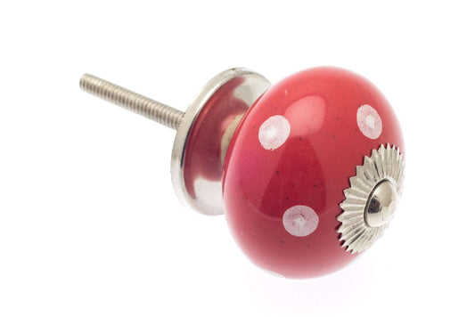 Ceramic Cupboard Knobs - Round Ceramic Knob Red With White Spots / Polka Dots 40mm (MT-022)