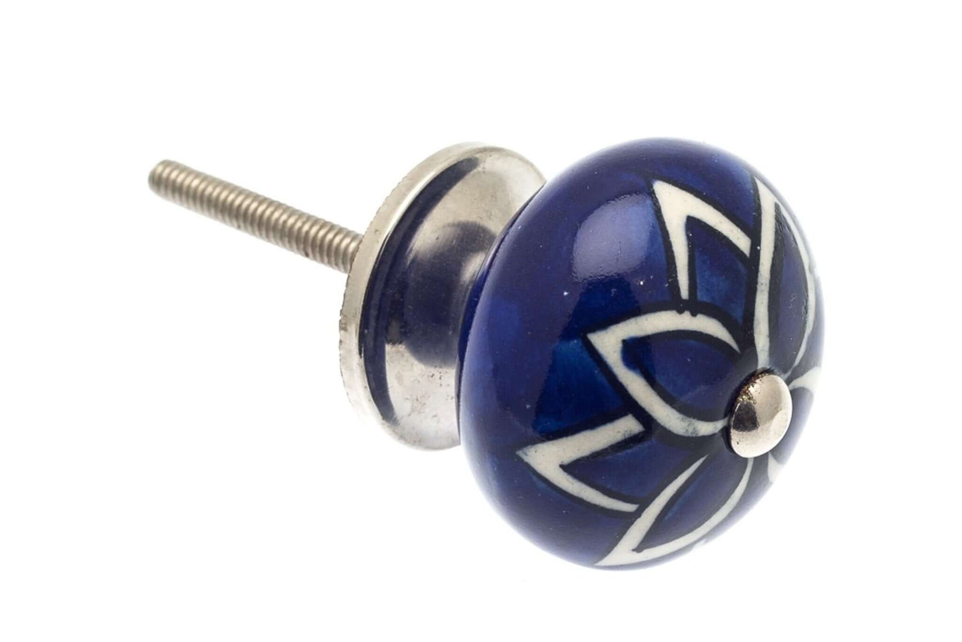 Ceramic Cupboard Knobs - Round Ceramic Knob White With Blue Leaves 40mm (MT-254)