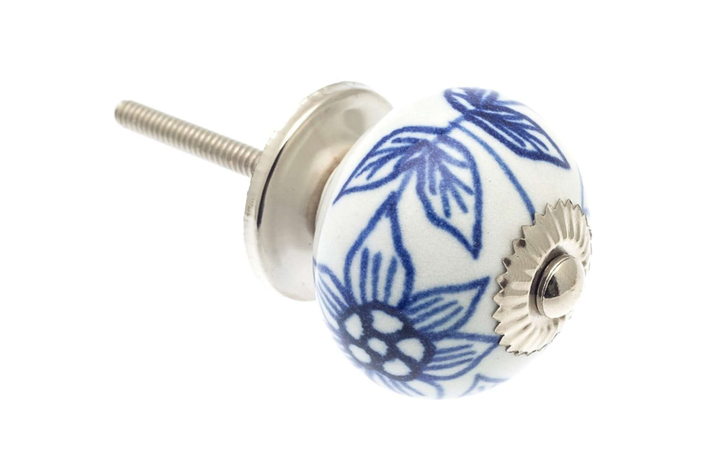 Ceramic Cupboard Knobs - Round Ceramic Knob White With Blue Petals 40mm (MT-324)