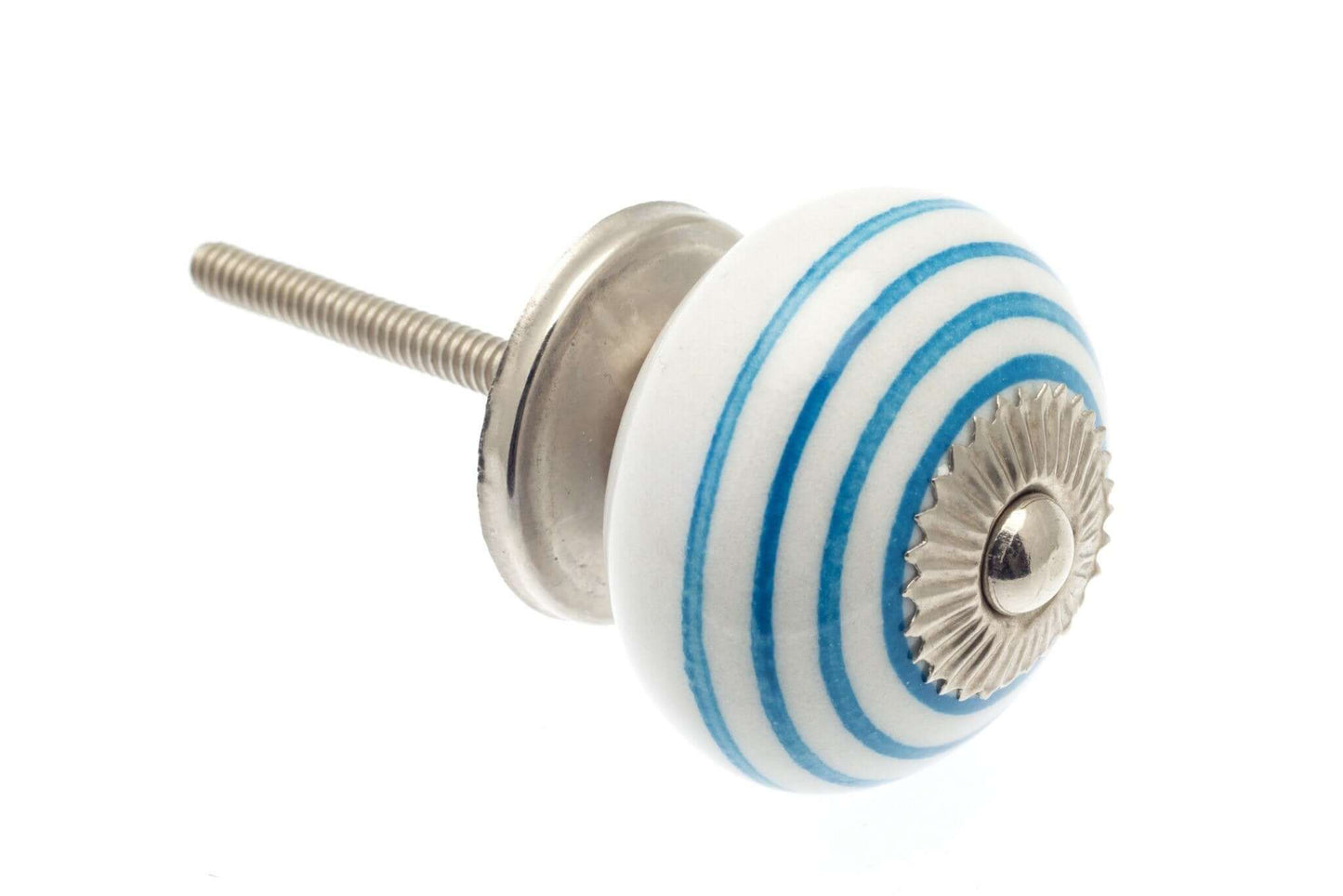 Ceramic Cupboard Knobs - Round Ceramic Knob White With Blue Stripes / Hoops 40mm (MT-007)