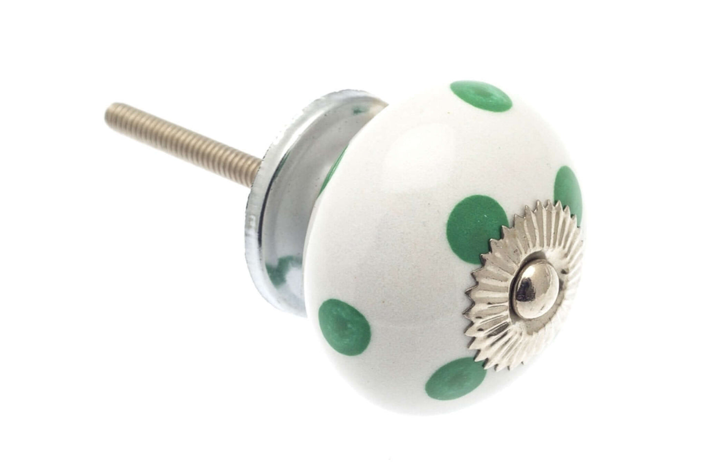 Ceramic Cupboard Knobs - Round Ceramic Knob White With Green Spots / Dots 40mm (MT-339)
