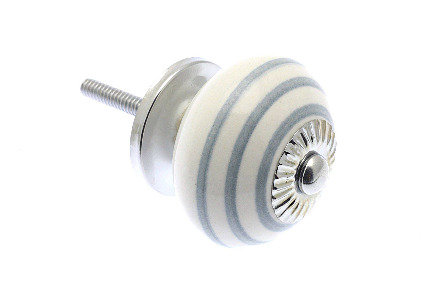 Ceramic Cupboard Knobs - Round Ceramic Knob White With Light Grey Stripes / Hoops 40mm (MT-349-L)