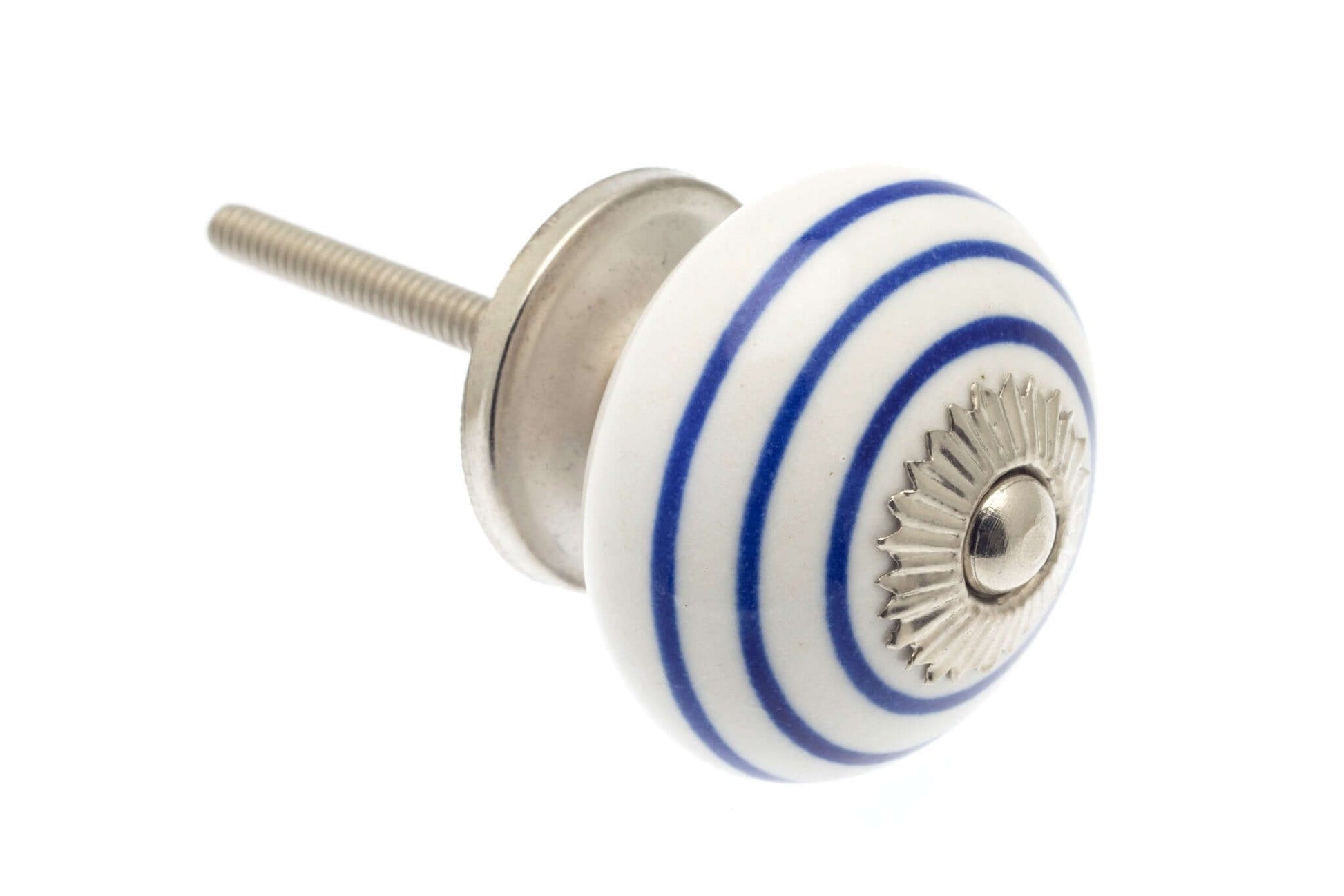 Ceramic Cupboard Knobs - Round Ceramic Knob White With Navy Blue Stripes / Hoops 40mm (MT-027)