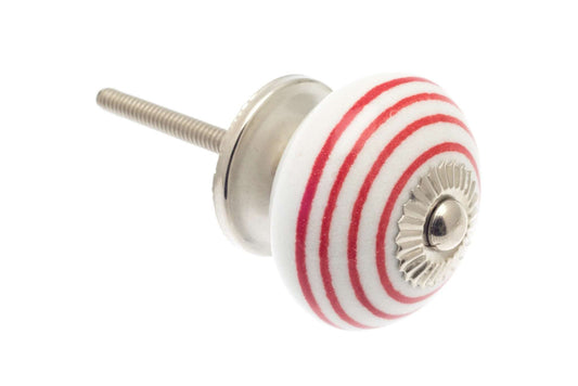 Ceramic Cupboard Knobs - Round Ceramic Knob White With Red Stripes / Hoops 40mm (MT-008)