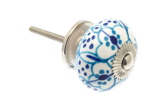 Ceramic Cupboard Knobs - Round Ceramic Knob White With Sky Blue Patterns 40mm (MT-307)