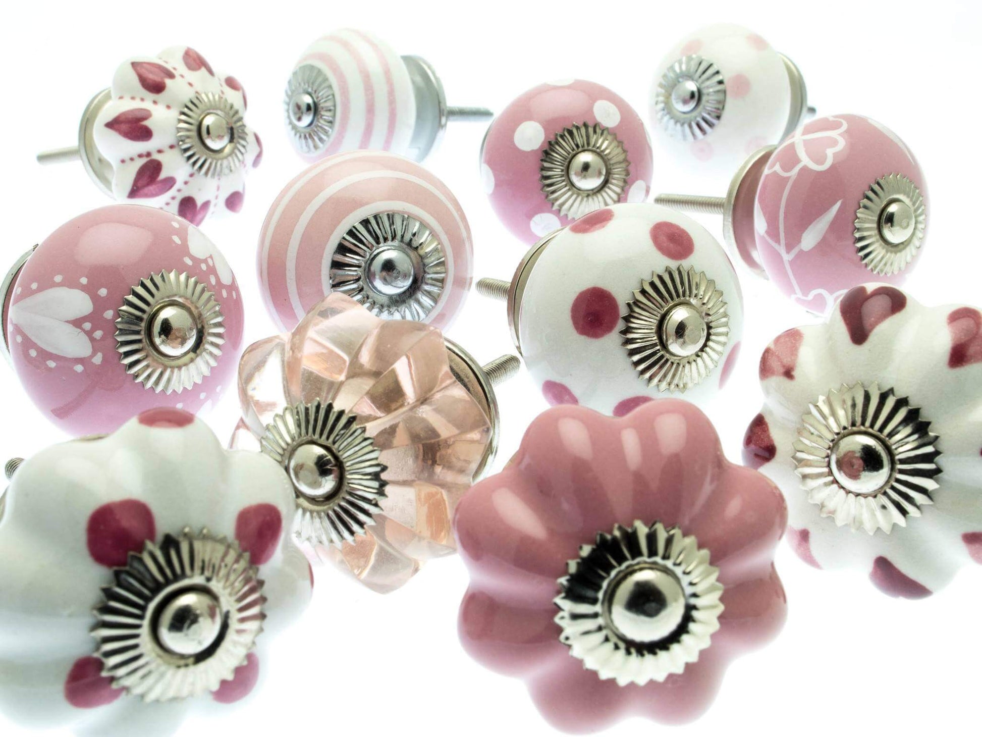 Ceramic Cupboard Knobs - Set Of 12 Mixed Pinks And White Pretty Hearts And Dots Ceramic Knobs (MG-274)