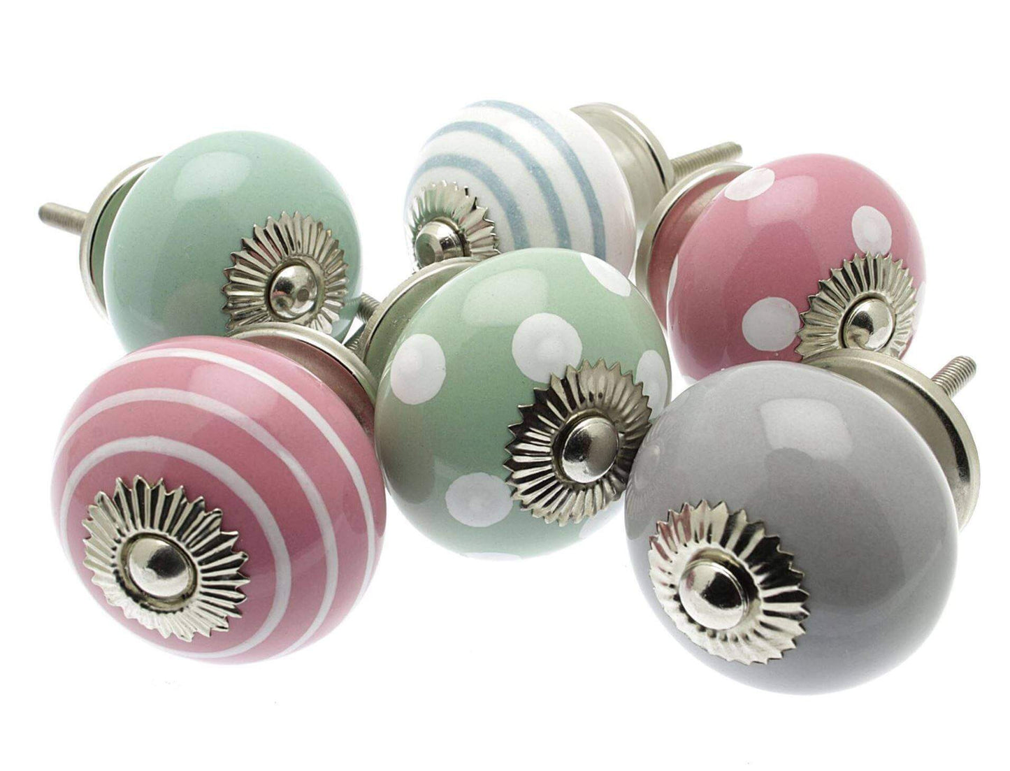 Ceramic Cupboard Knobs - Set Of 6 Eau De Nil And Mixed Pastel Ceramic Knobs (MG-604)