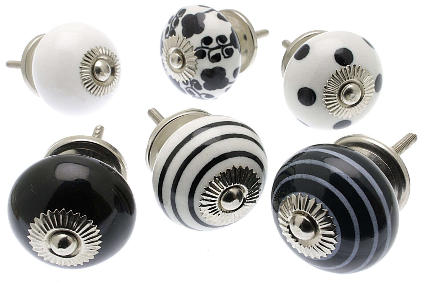 Ceramic Cupboard Knobs - Set Of 6 Monochrome Black And White Round Ceramic Knobs (MG-222)